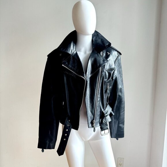 Vintage Black Leather Braided Detail Motorcycle Jacket M/L - Picture 2 of 10